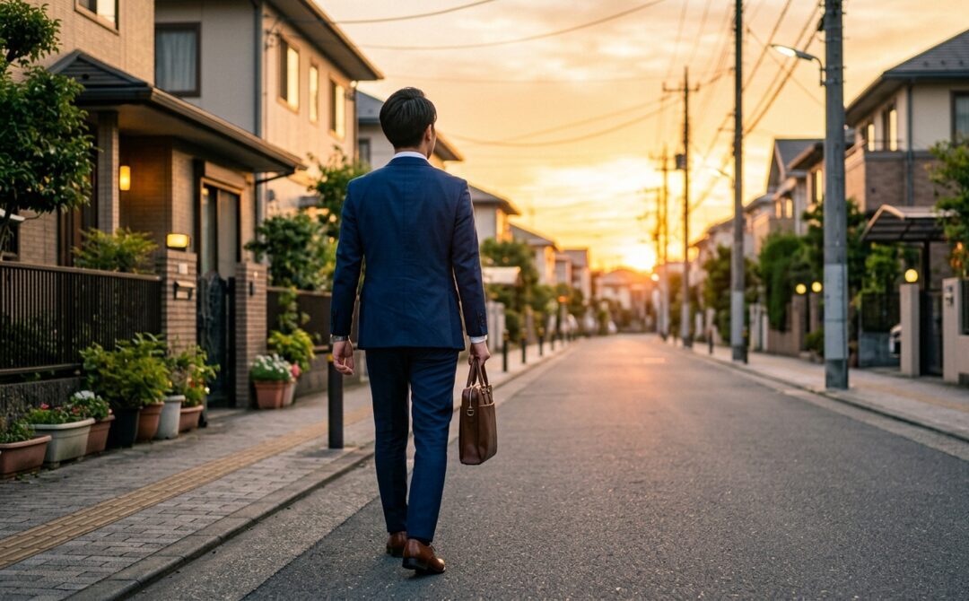 夕方の住宅街を前向きに歩く、スーツ姿の若手営業担当者の後ろ姿